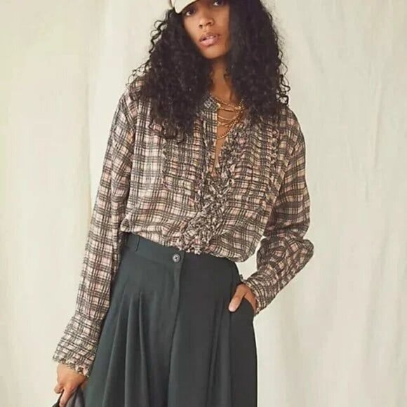 Free People Tops - Free People Size Small  Plaid Miles Tuxedo Long Sleeve Blouse Top Ruffle